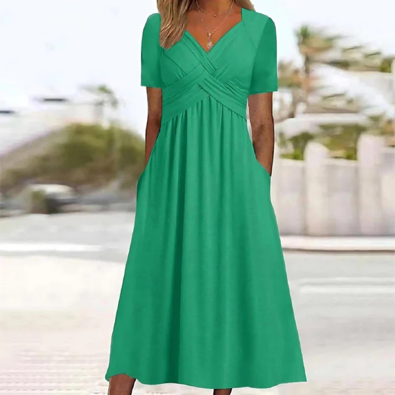 Women’s Short-Sleeve V-Neck Dress with Gathered Waist and A-Line Cut