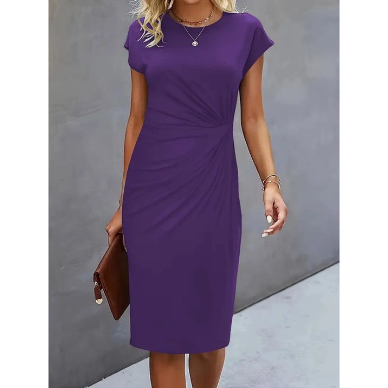 Women’s Knee-Length Dress with Round Neckline and Side Pleats