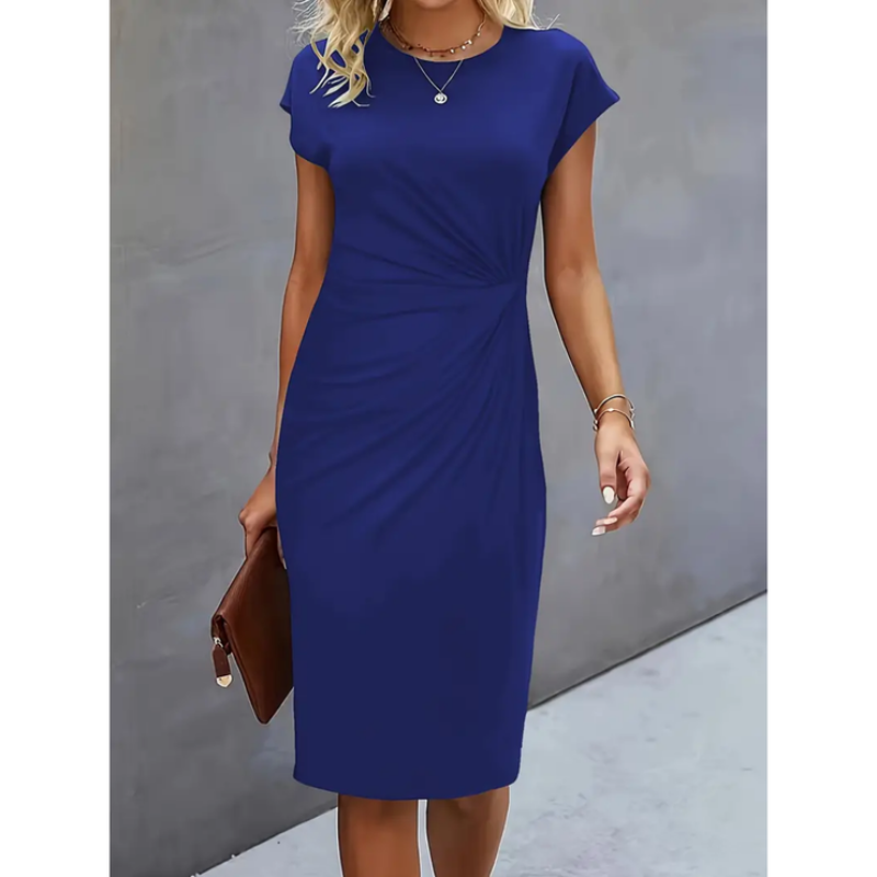 Women’s Knee-Length Dress with Round Neckline and Side Pleats