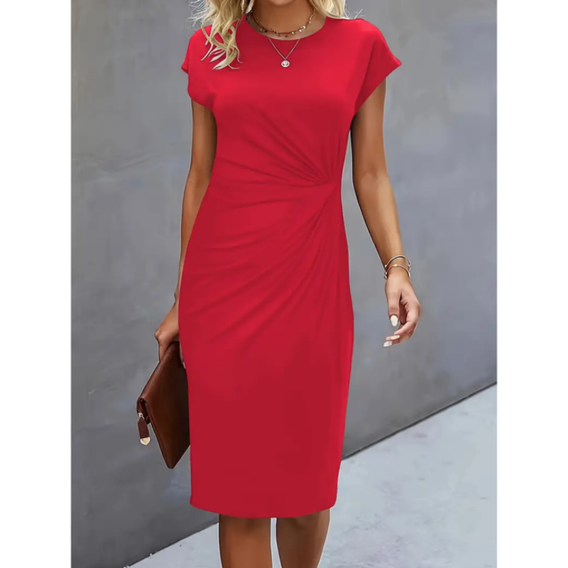 Women’s Knee-Length Dress with Round Neckline and Side Pleats