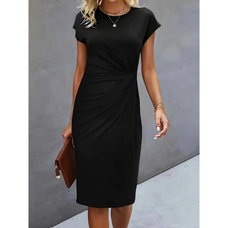 Women’s Knee-Length Dress with Round Neckline and Side Pleats