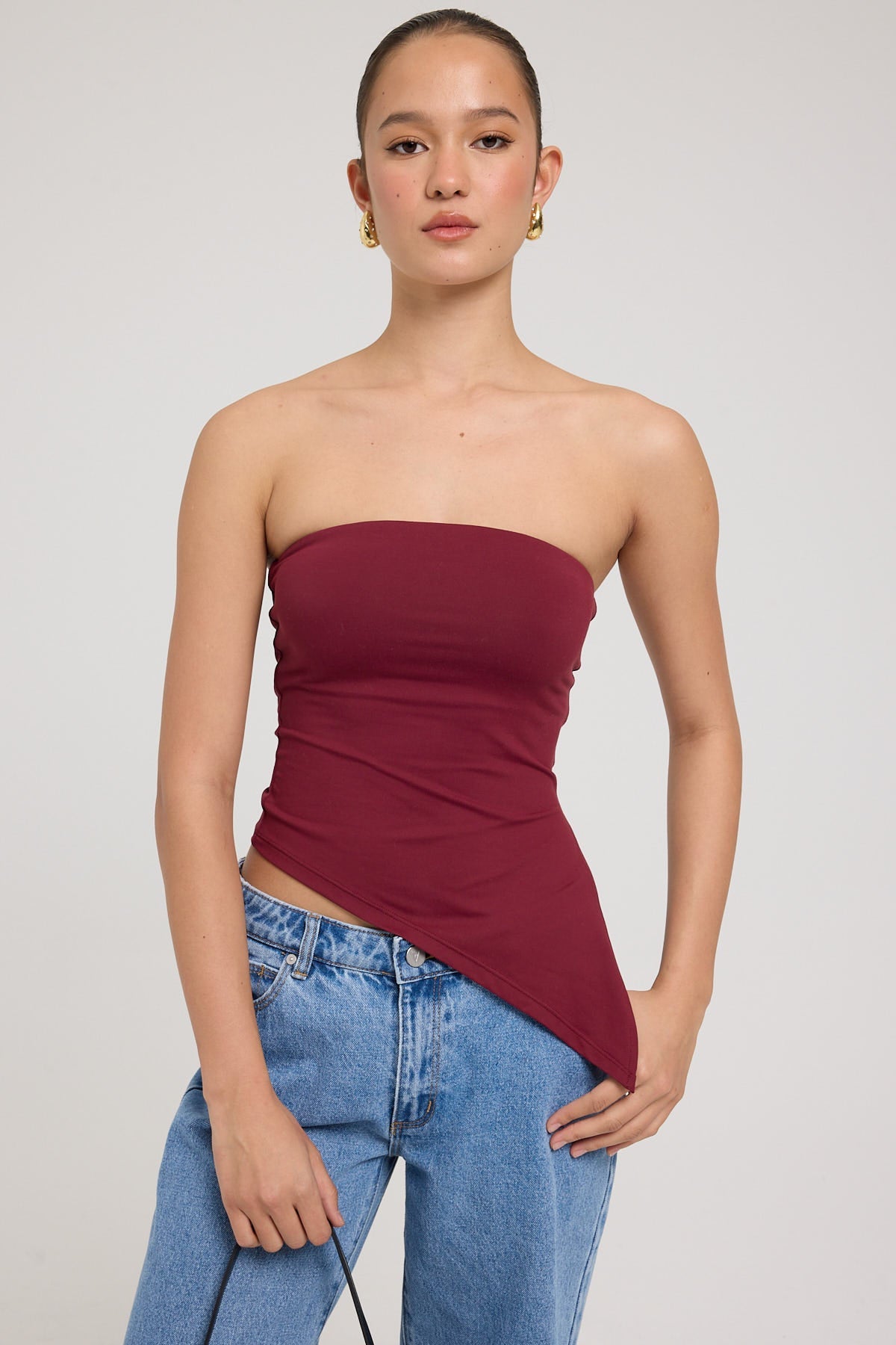 L&t Strapless Asymmetrical Top Burgundy