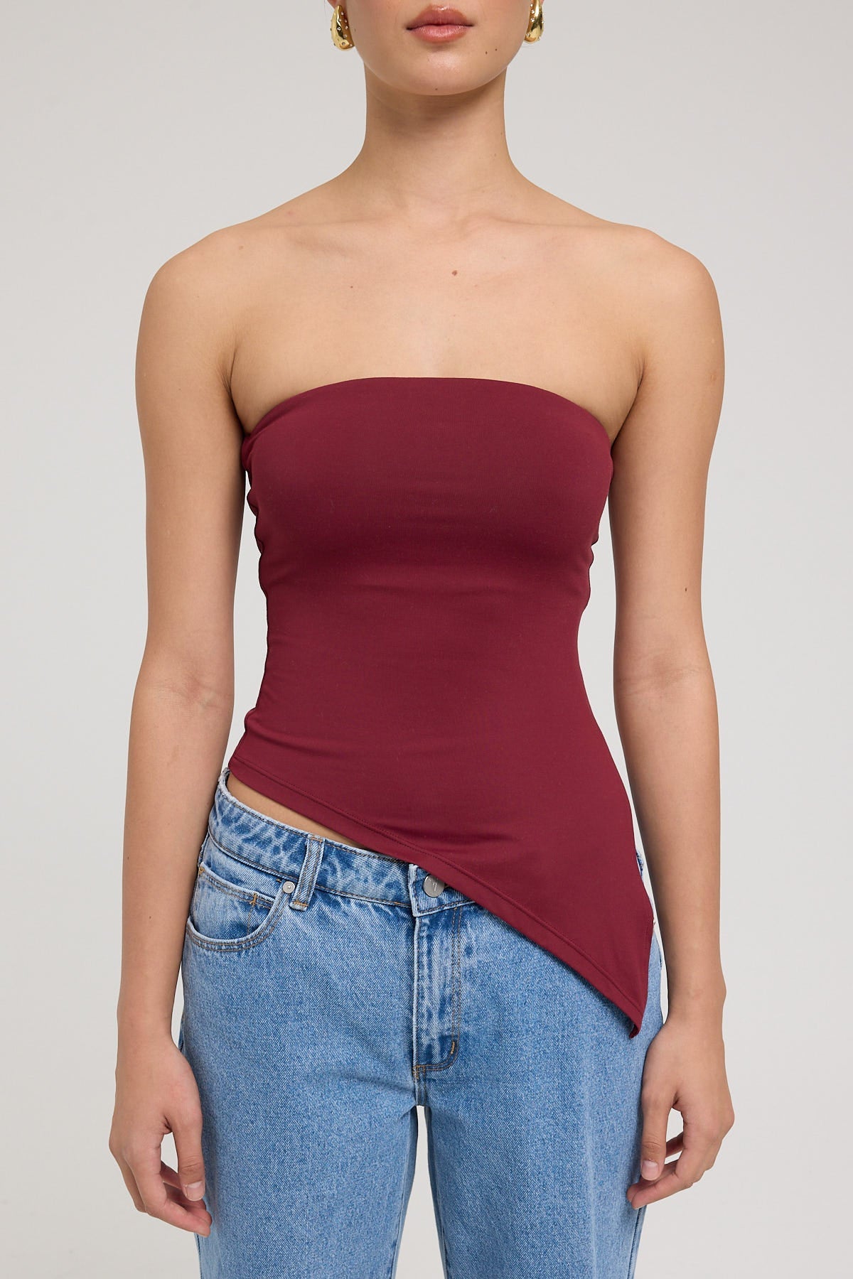 L&t Strapless Asymmetrical Top Burgundy