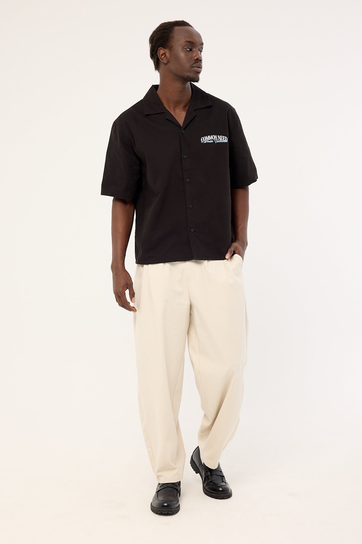 Common Need Enroll Boxy Cropped Resort Shirt Black
