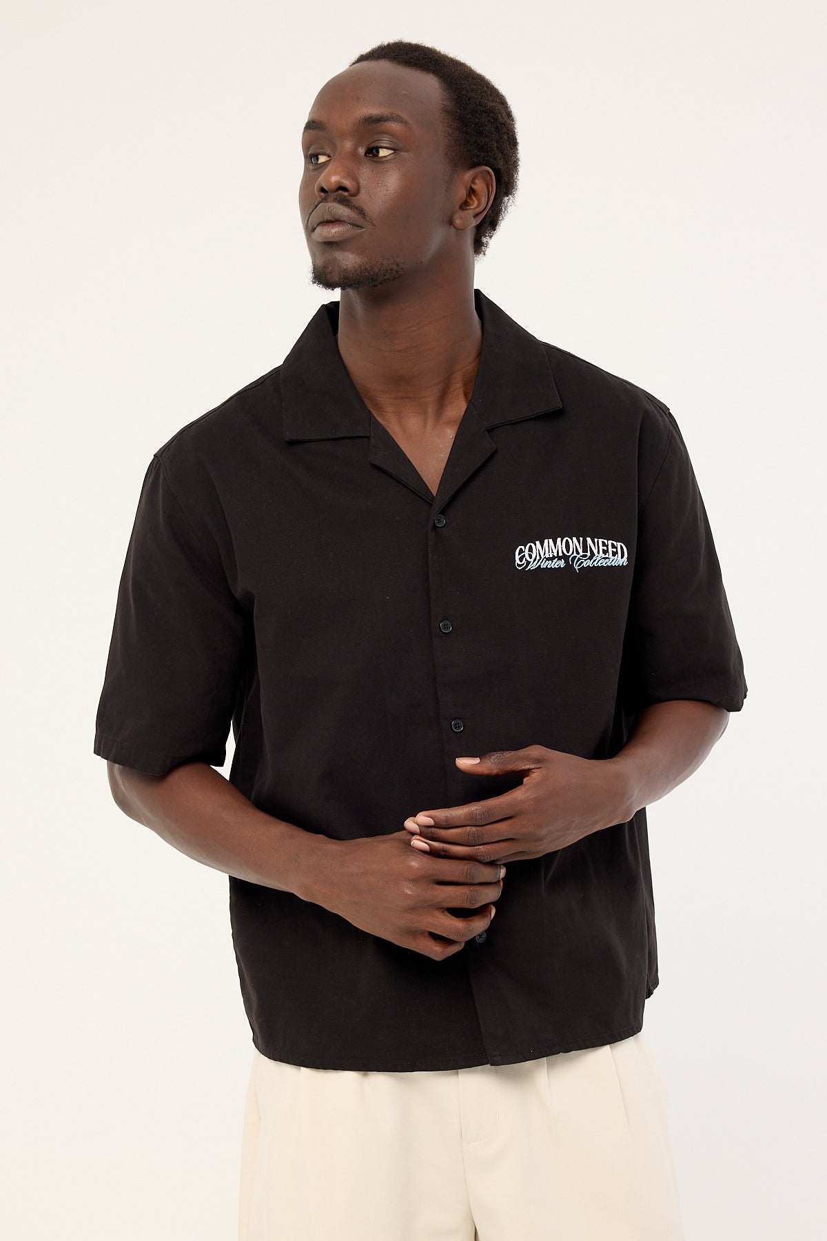 Common Need Enroll Boxy Cropped Resort Shirt Black