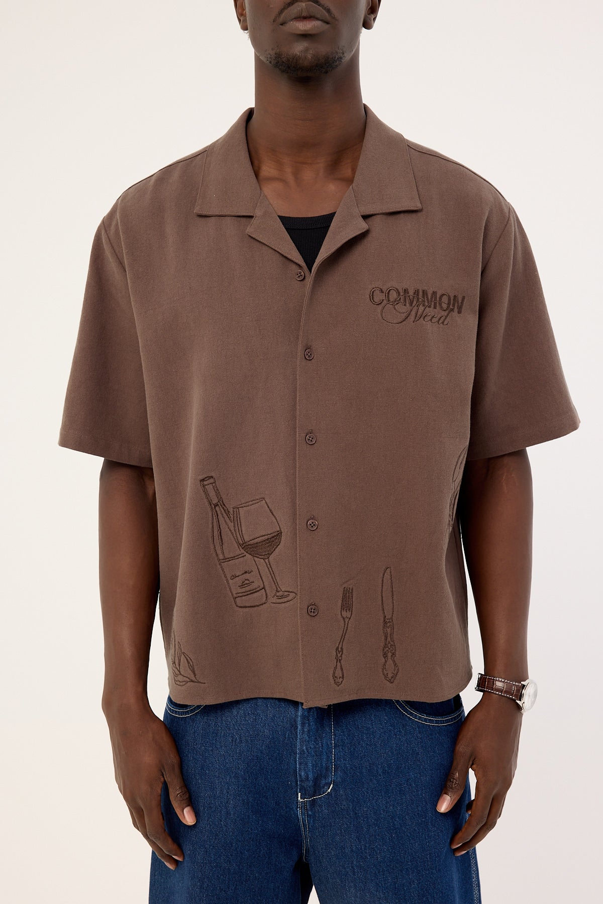 Common Need Alfresco Boxy Cropped Resort Shirt Brown