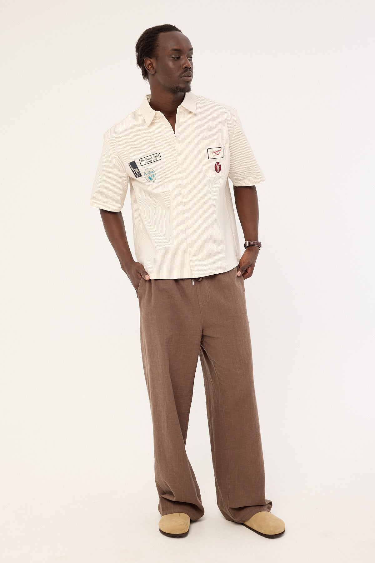 Common Need Getaway Boxy Cropped Shirt White/Tan Stripe