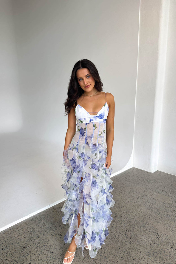 Women's maxi dress with thin straps, V-neck and ruffle skirt