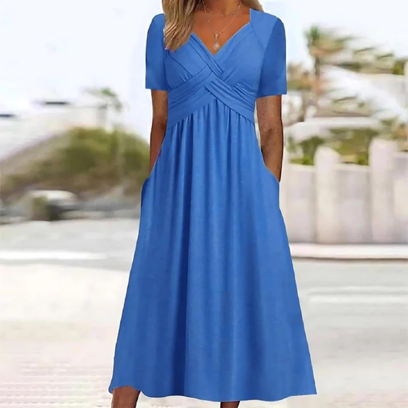 Women’s Short-Sleeve V-Neck Dress with Gathered Waist and A-Line Cut