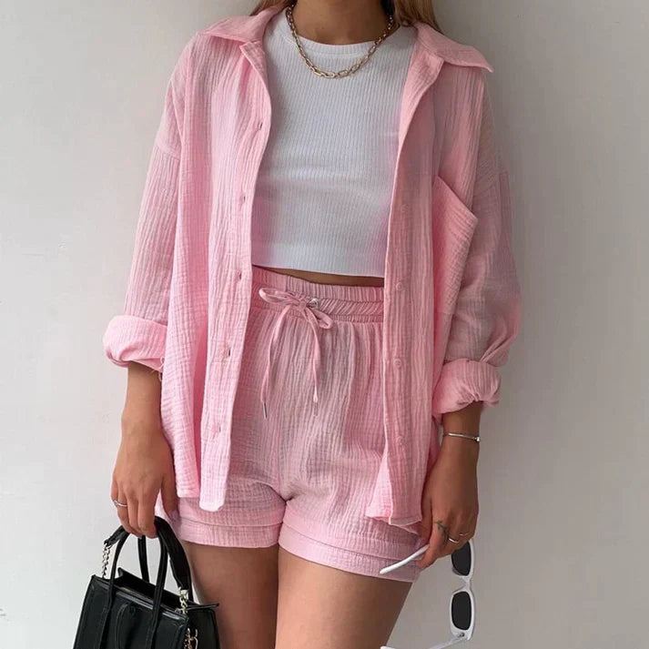 Women’s Two-Piece Set with Button-Up Shirt and Drawstring Shorts