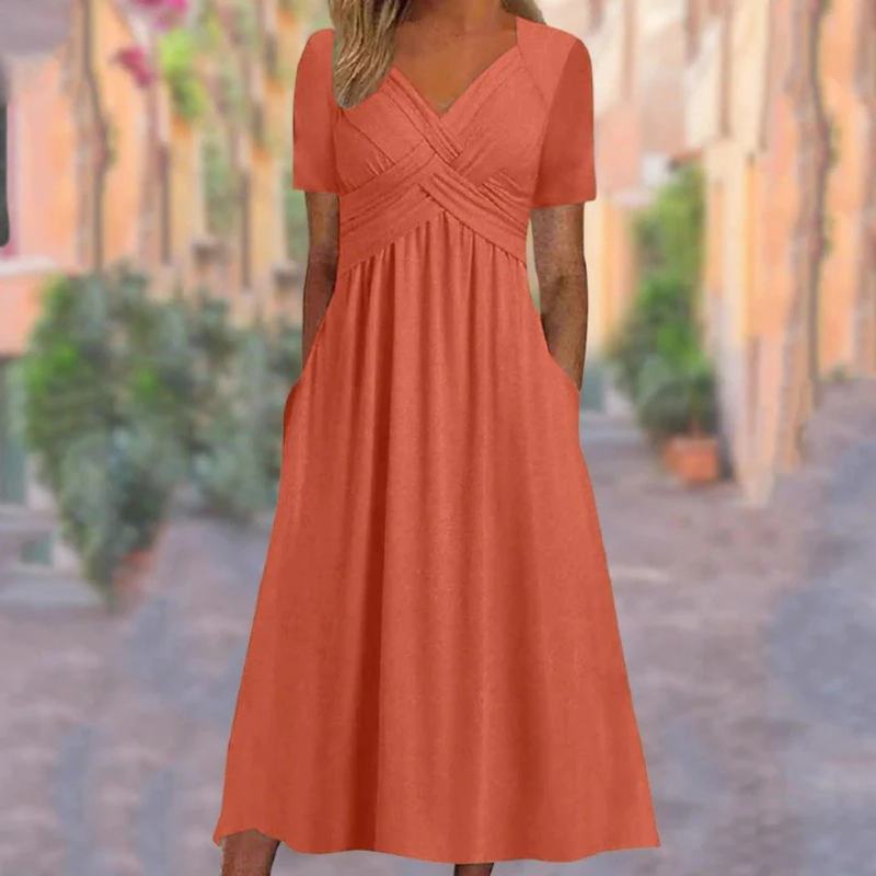 Women’s Short-Sleeve V-Neck Dress with Gathered Waist and A-Line Cut