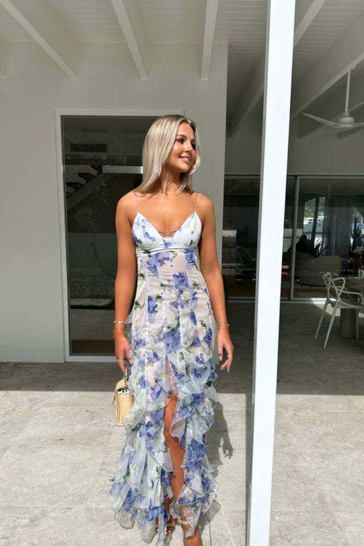 Women's maxi dress with thin straps, V-neck and ruffle skirt