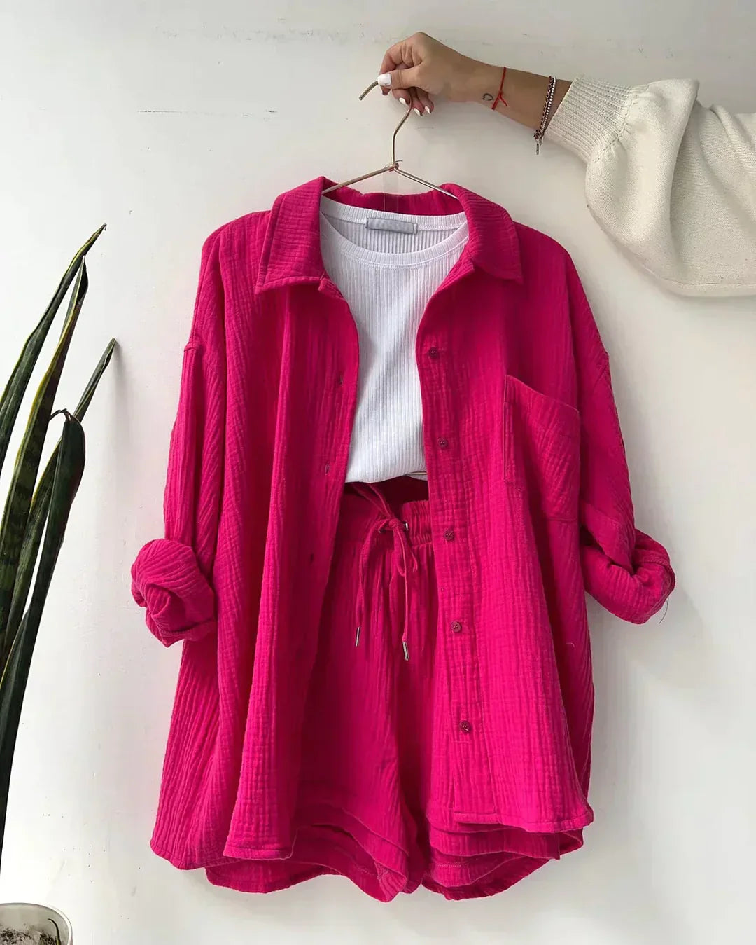 Women’s Two-Piece Set with Button-Up Shirt and Drawstring Shorts