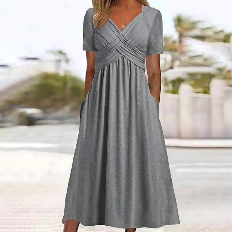 Women’s Short-Sleeve V-Neck Dress with Gathered Waist and A-Line Cut