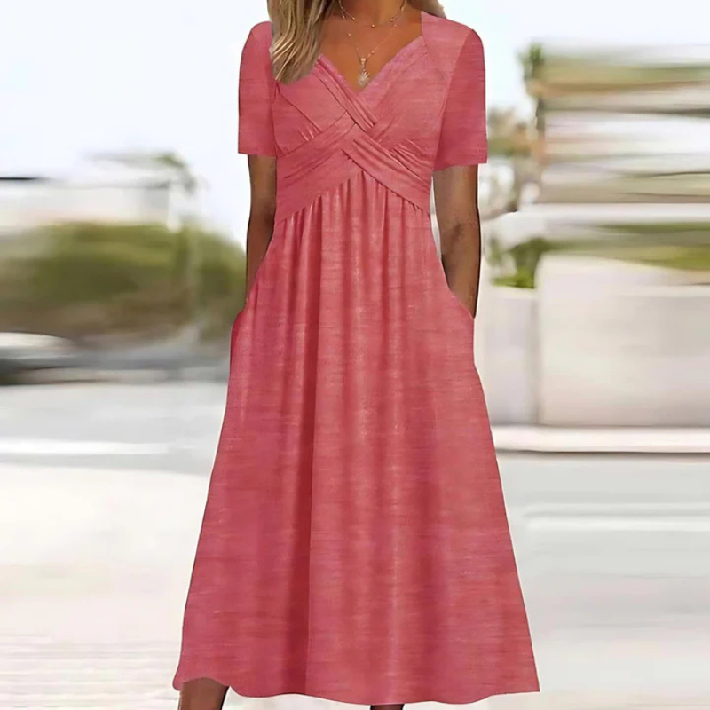 Women’s Short-Sleeve V-Neck Dress with Gathered Waist and A-Line Cut