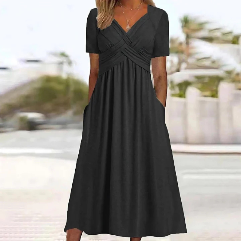 Women’s Short-Sleeve V-Neck Dress with Gathered Waist and A-Line Cut