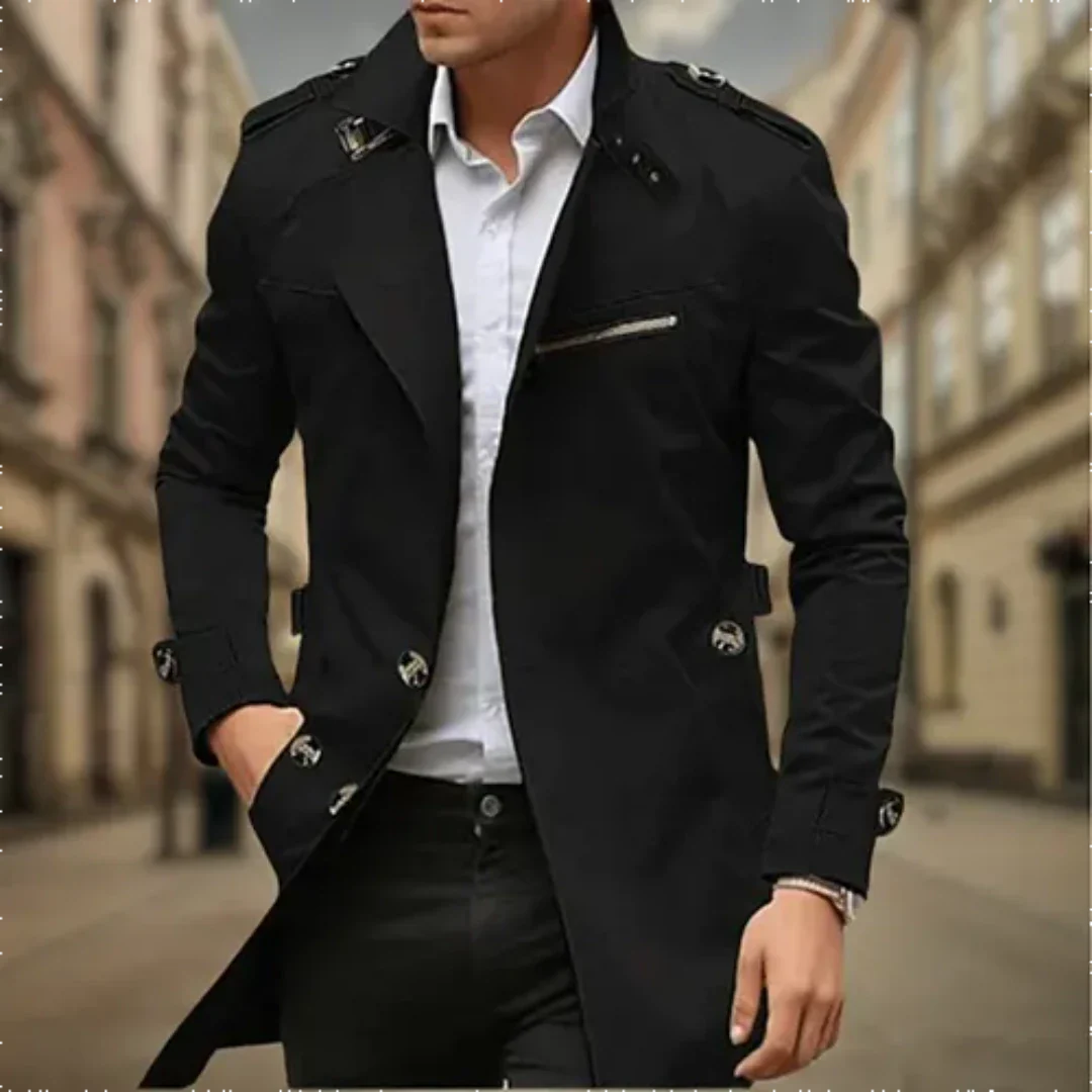Men’s Long Coat with Button Closure and Tailored Design