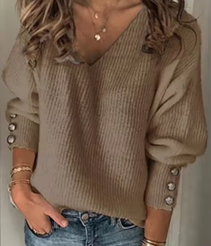 Women’s V-neck knit sweater with button-sleeve detail