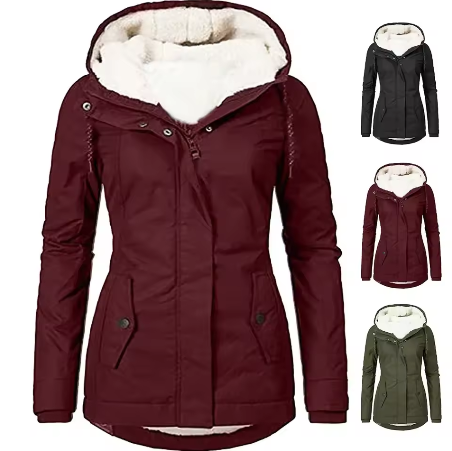 Fitted jacket with faux fur lining and detachable hood