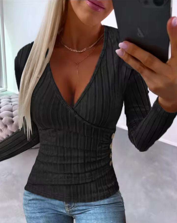 Ribbed wrap-style top with deep V-neckline