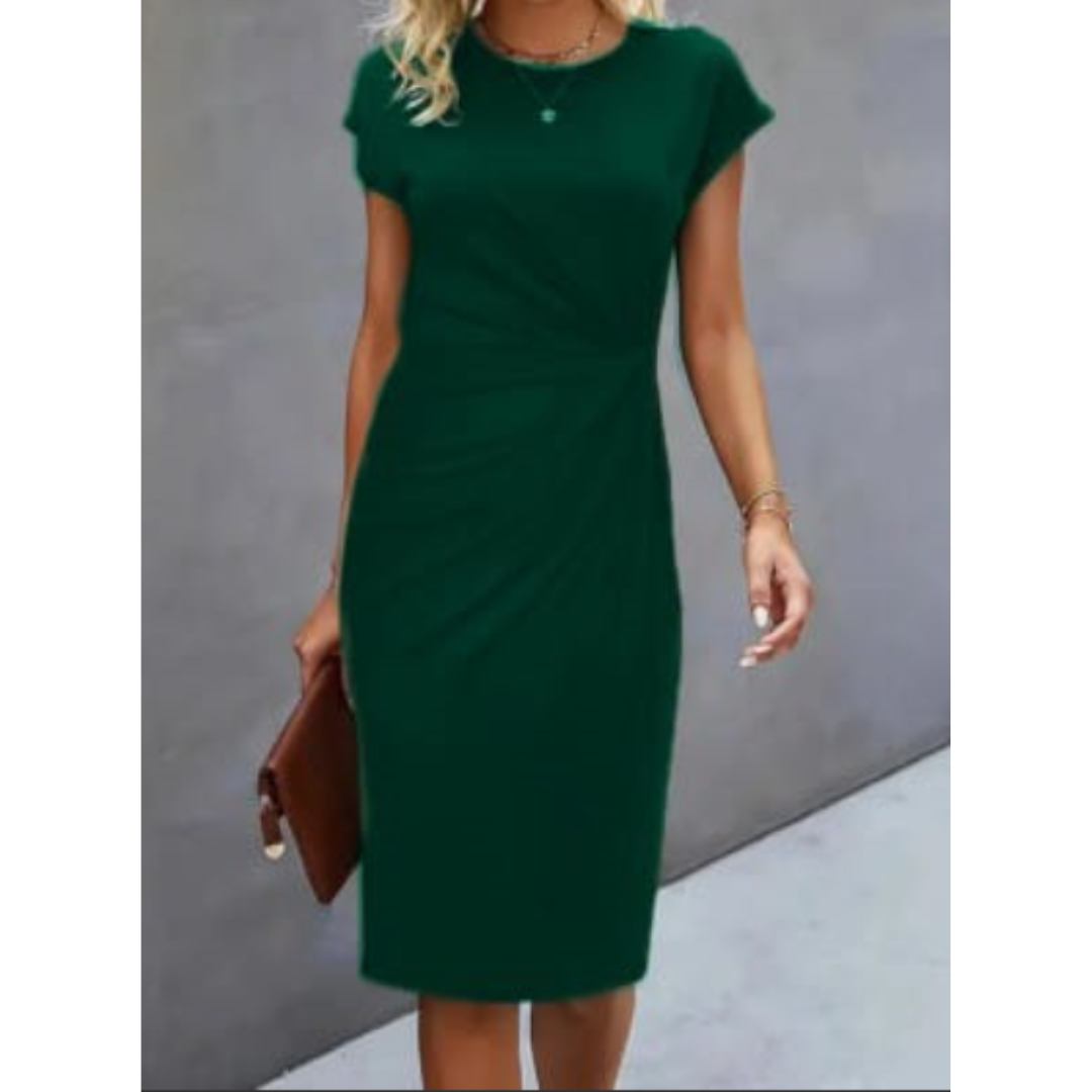 Women’s Knee-Length Dress with Round Neckline and Side Pleats
