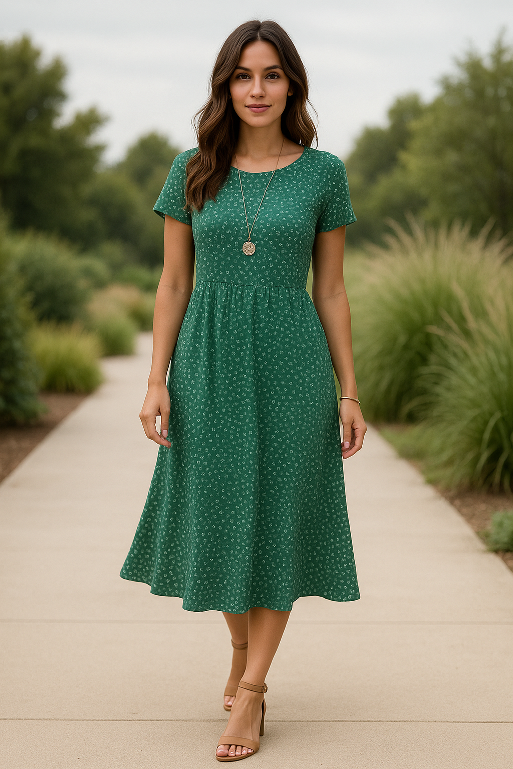 Women's patterned dress with round neckline