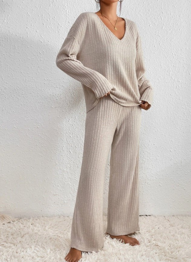 Women’s Two-Piece Loungewear Set with V-Neck Top and Wide-Leg Trousers