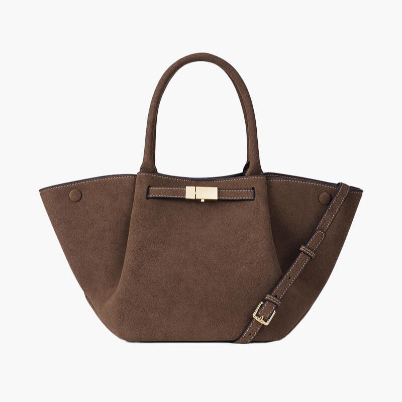 Handbag with handles, detachable strap, and structured design