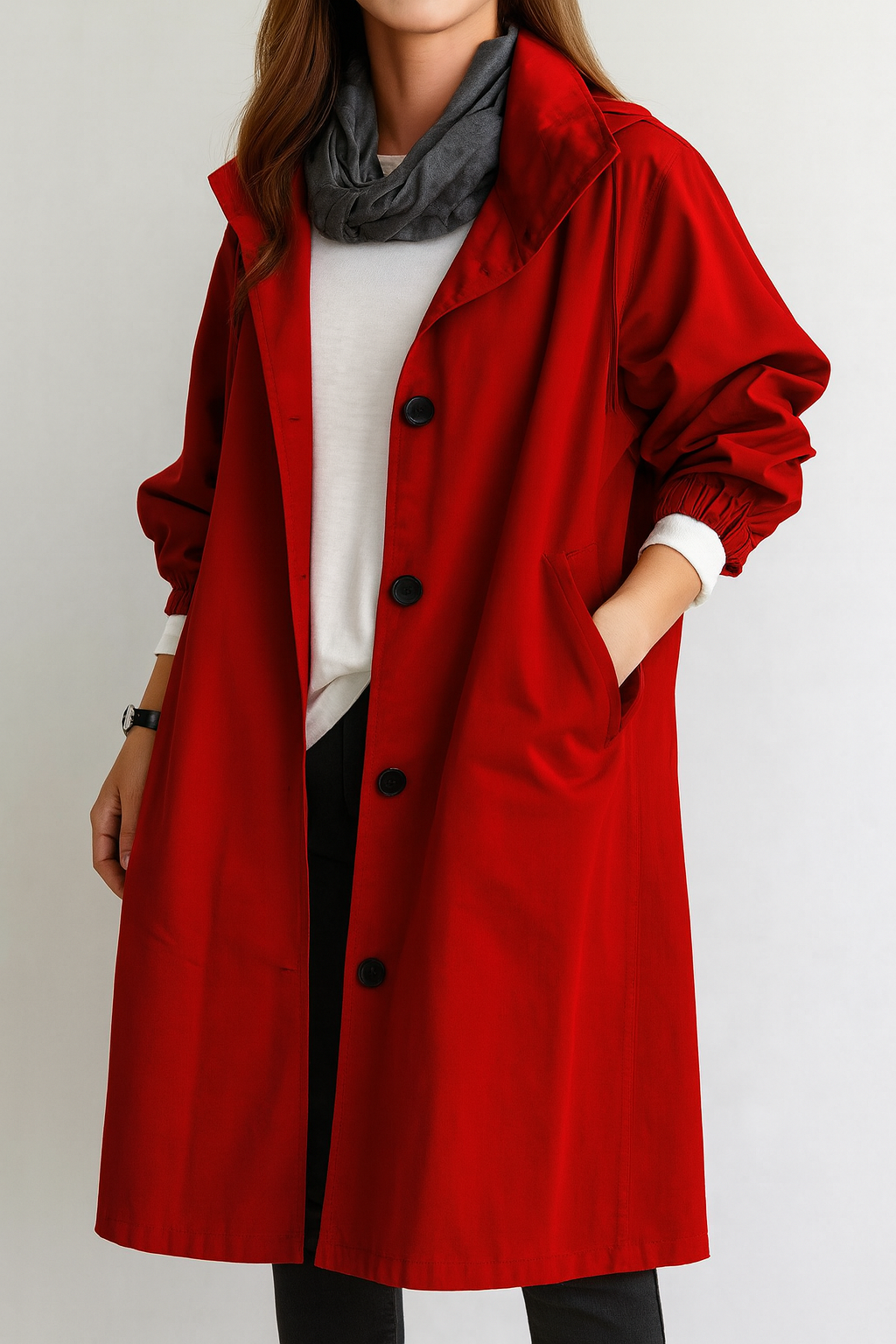 Women’s Long Coat with Button Closure and Side Pockets