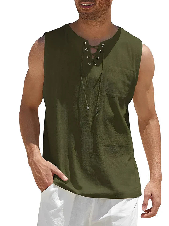 Men's sleeveless top with lacing and textured pattern