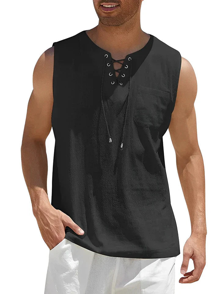 Men's sleeveless top with lacing and textured pattern