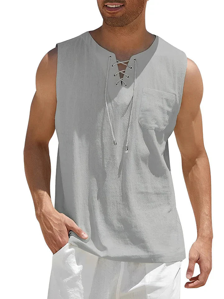 Men's sleeveless top with lacing and textured pattern