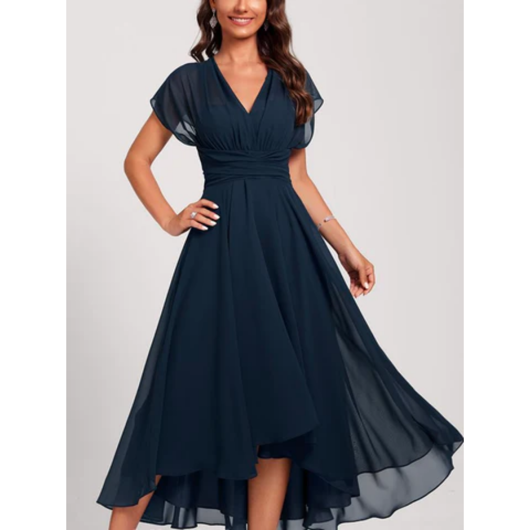 Asymmetrical cut women's dress with V-neck and short sleeves