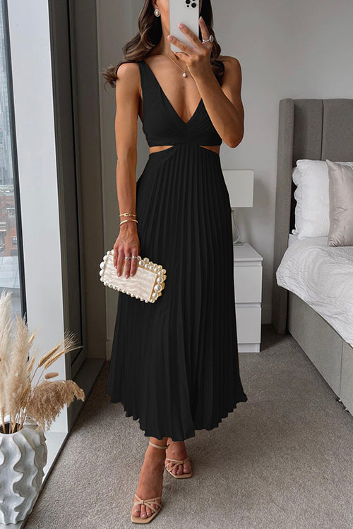 Sleeveless midi dress with pleated skirt and tie belt