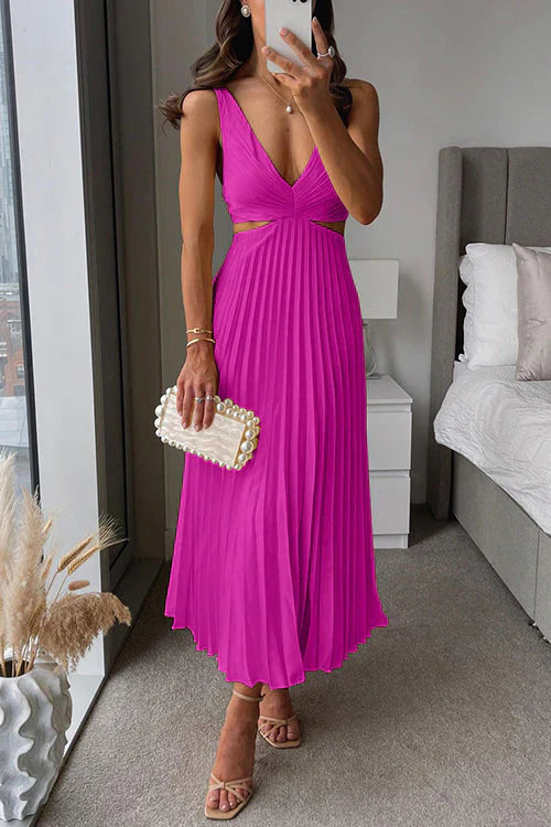 Sleeveless midi dress with pleated skirt and tie belt