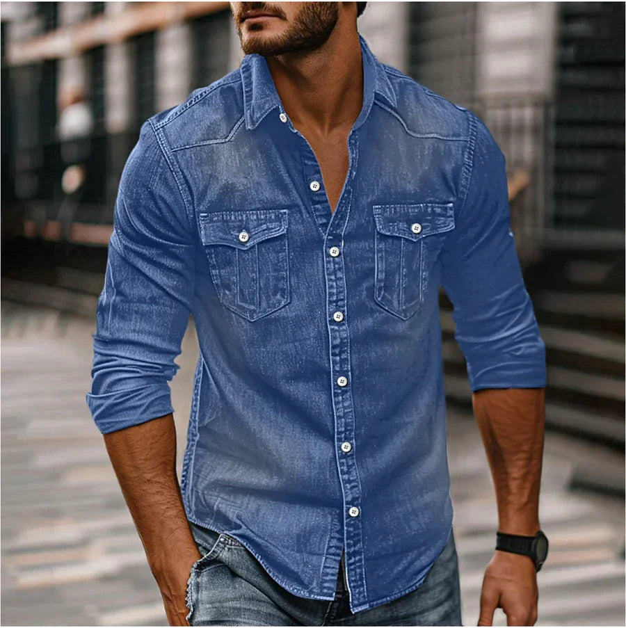 Men's long-sleeved shirt with breast pockets and full button placket