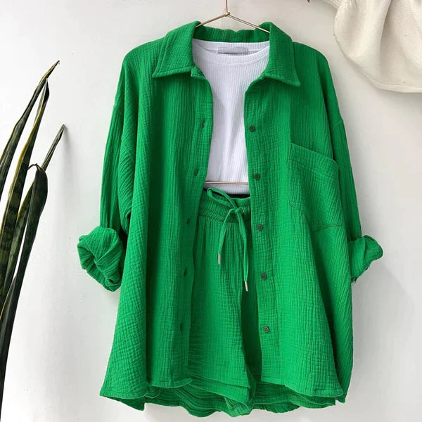 Women’s Two-Piece Set with Button-Up Shirt and Drawstring Shorts