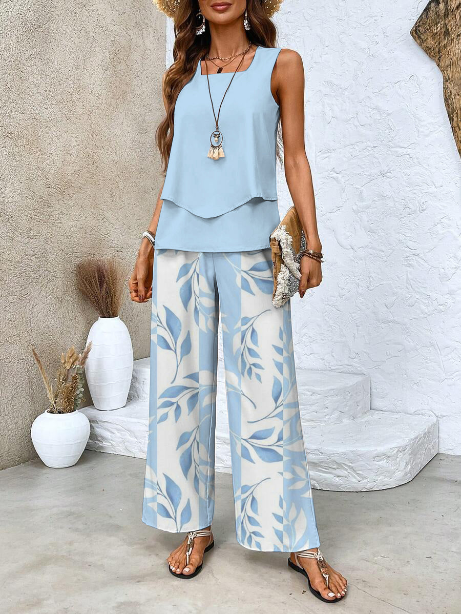 Women’s Two-Piece Set with Sleeveless Top and Patterned Wide-Leg Trousers