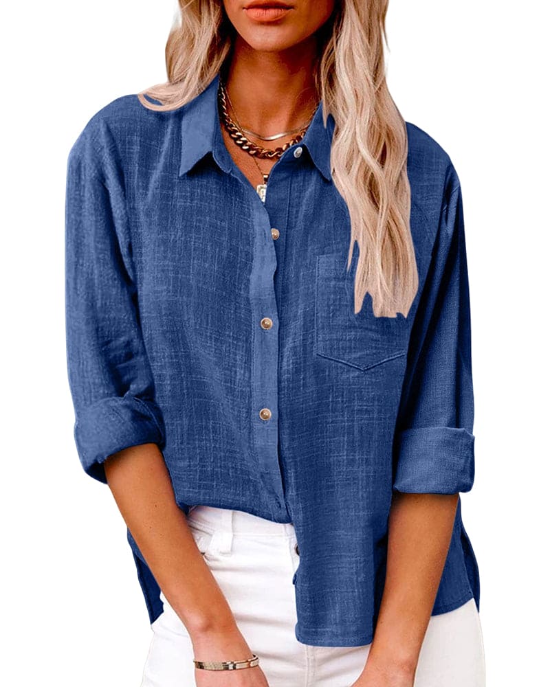 Loose-fitting women's blouse with button placket and shirt collar