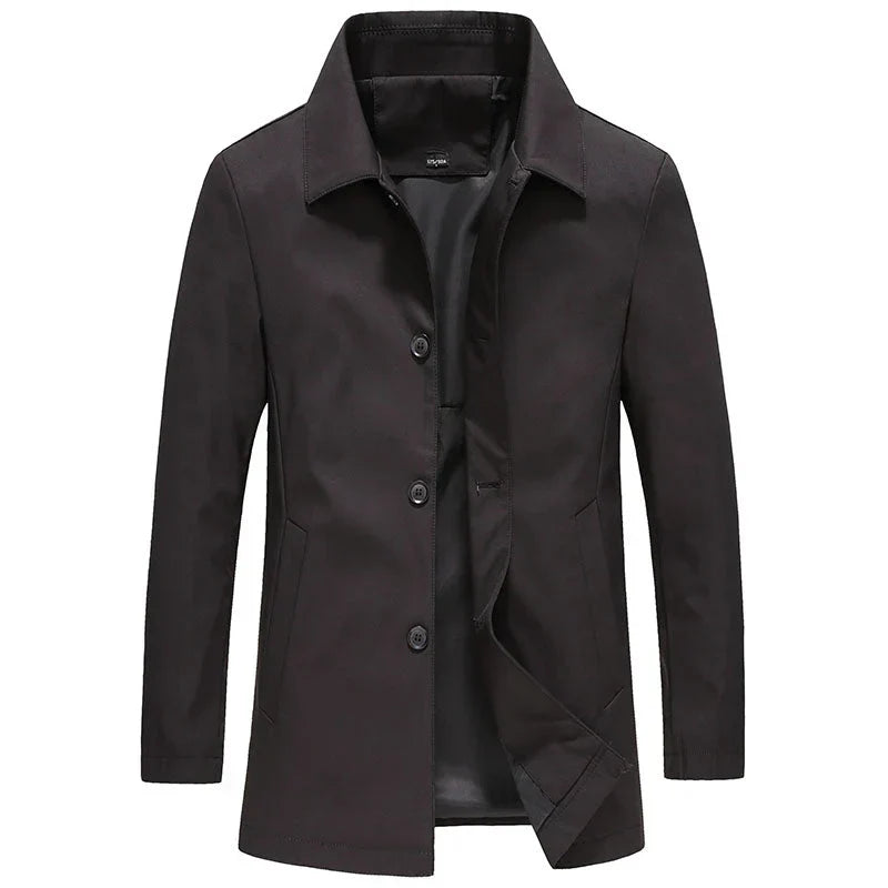 Long trench coat for men with button placket and classic collar