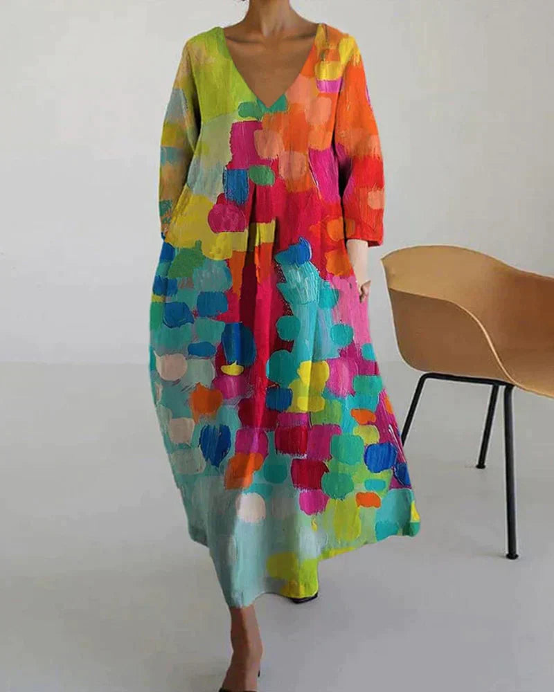 Damesjurk met lange mouwen, V-hals en abstract patroon