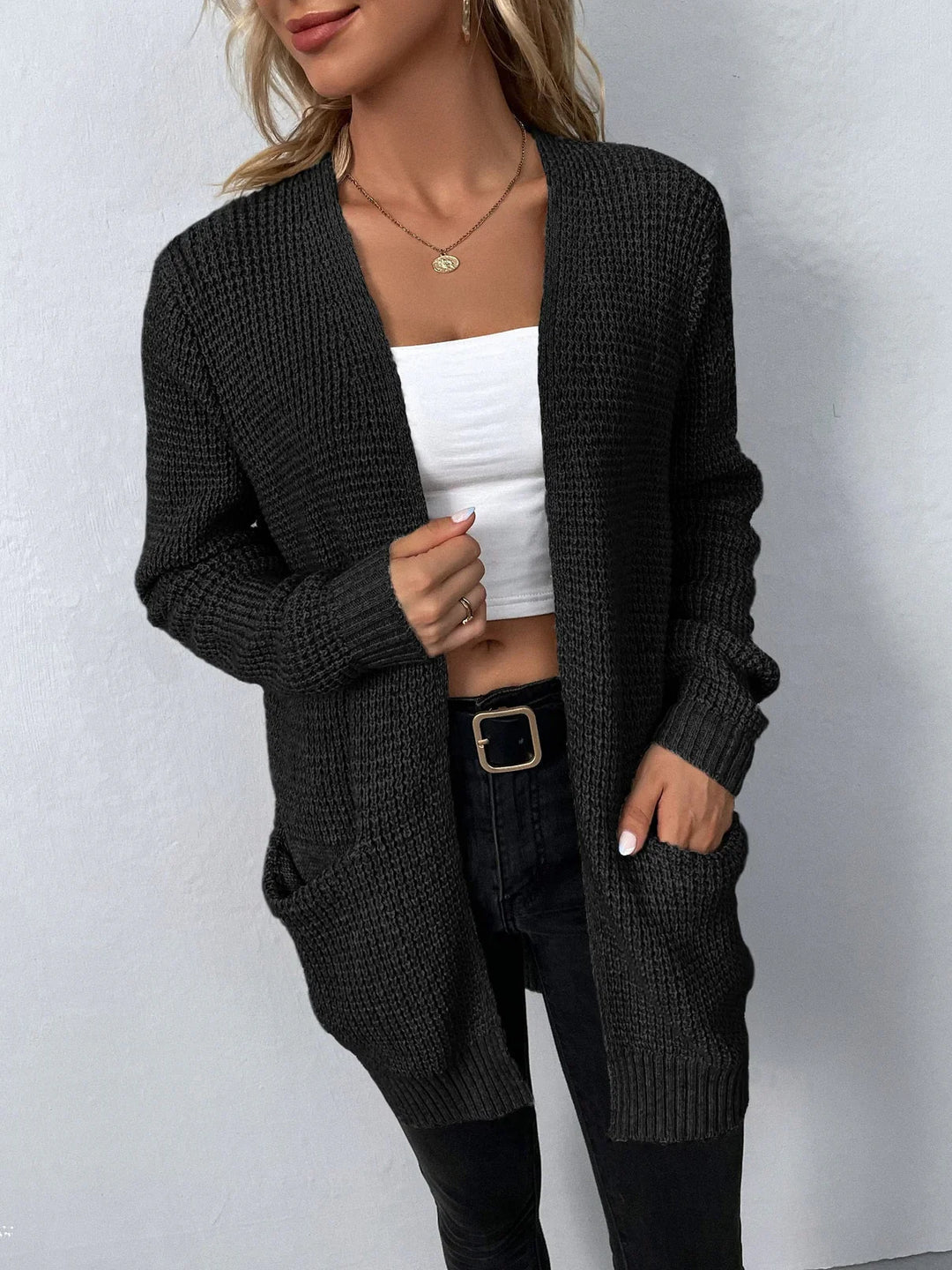 Women’s Knitted Open-Front Cardigan with Pockets