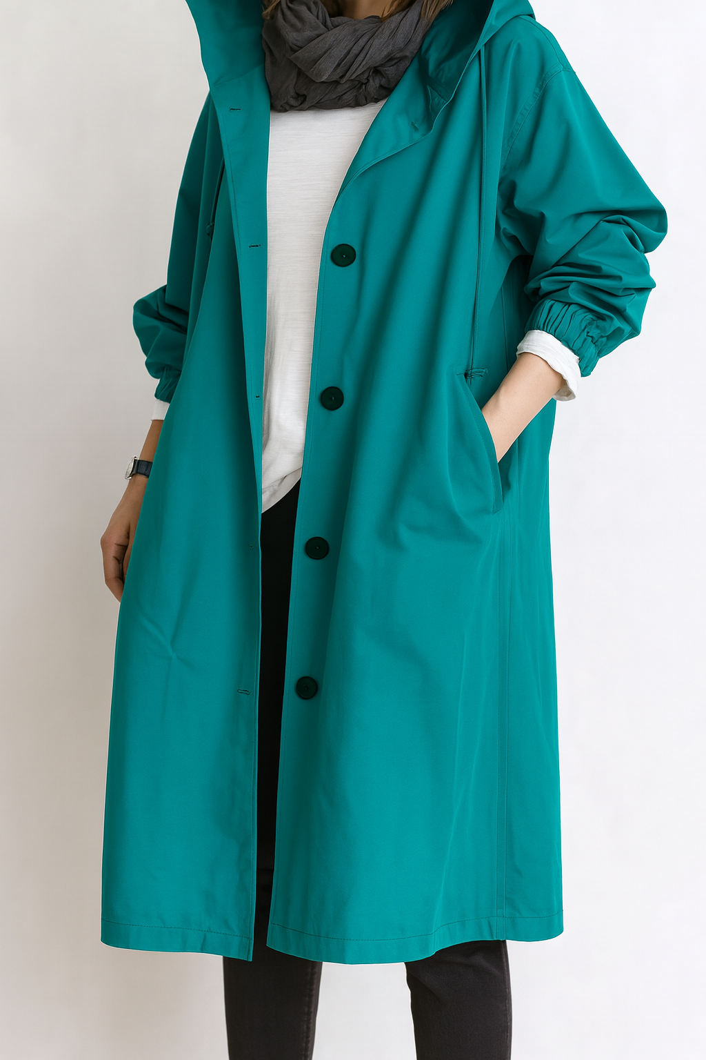 Women’s Long Coat with Button Closure and Side Pockets