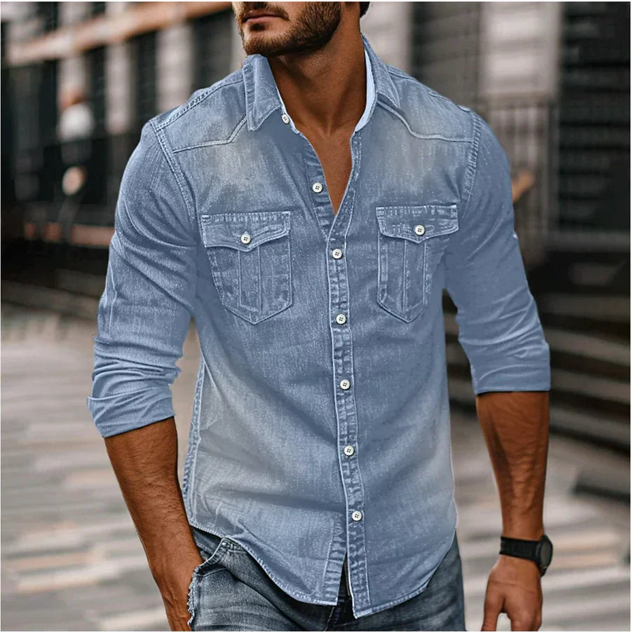 Men's long-sleeved shirt with breast pockets and full button placket