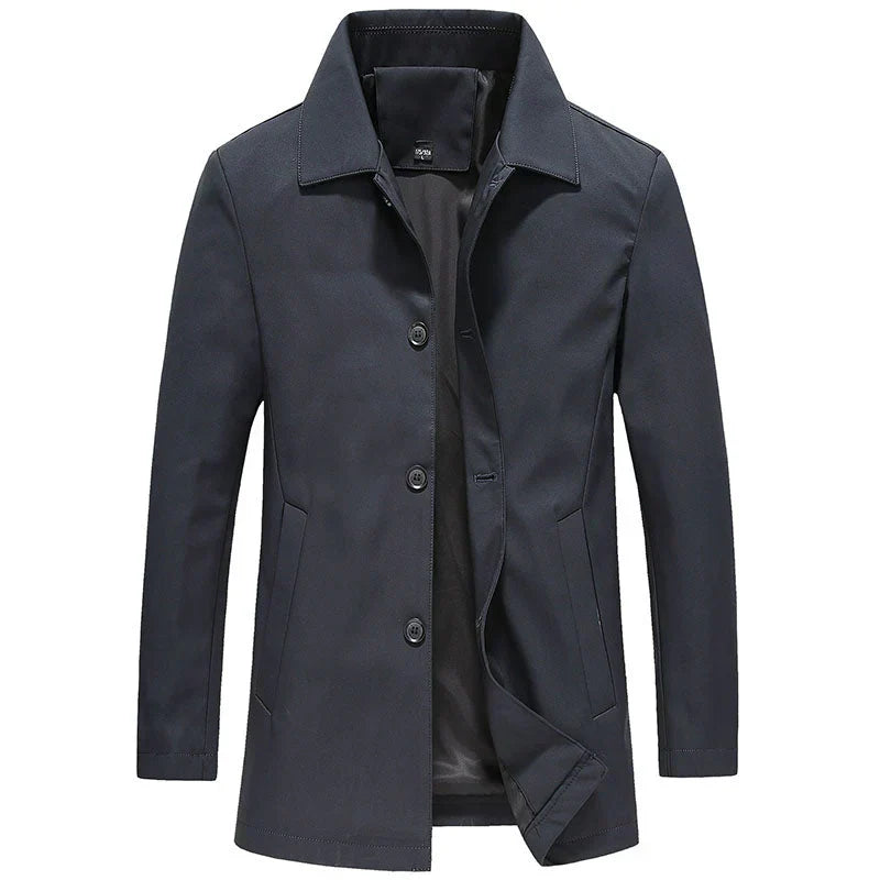 Long trench coat for men with button placket and classic collar