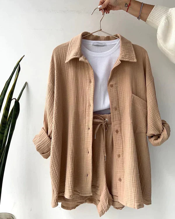 Women’s Two-Piece Set with Button-Up Shirt and Drawstring Shorts