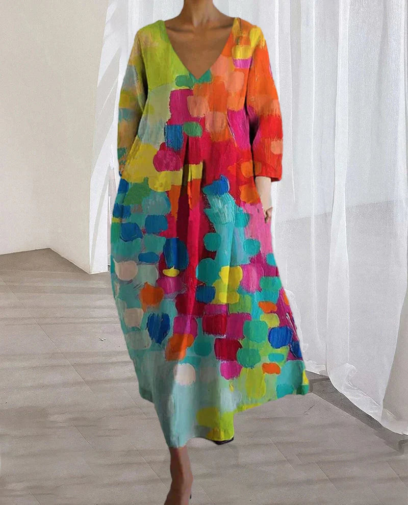 Damesjurk met lange mouwen, V-hals en abstract patroon