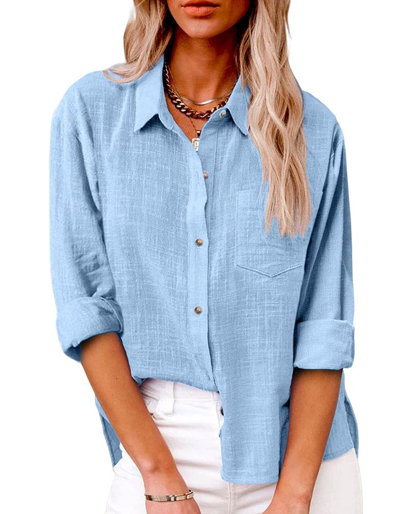 Loose-fitting women's blouse with button placket and shirt collar