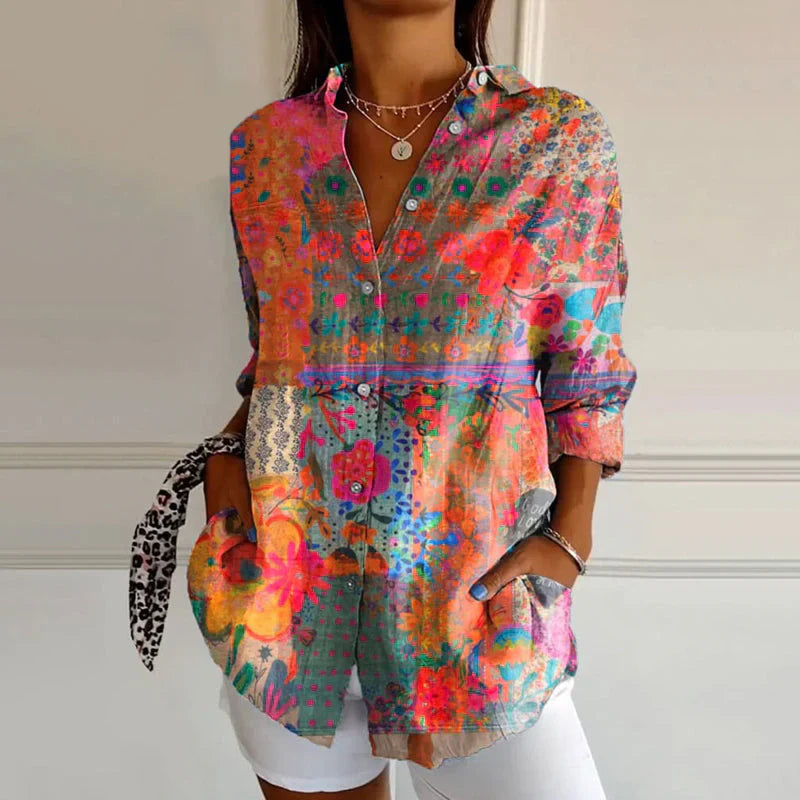 Long-sleeved blouse with pattern and button placket