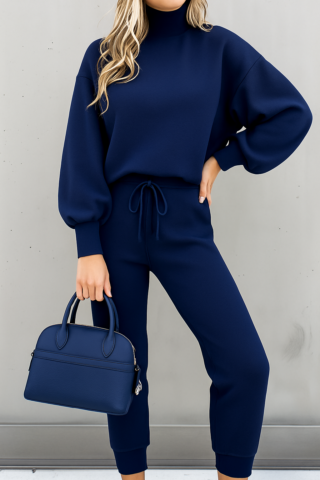 Women’s Two-Piece Set with Long-Sleeve Top and Elastic Waist Trousers